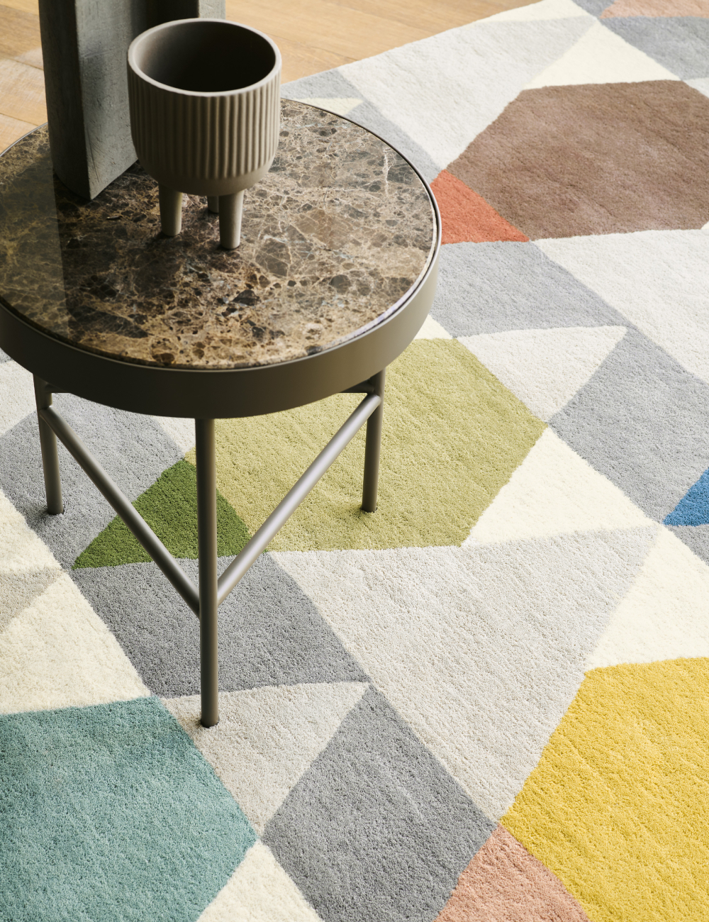 geometric green, grey and beige Brink and Campman rug